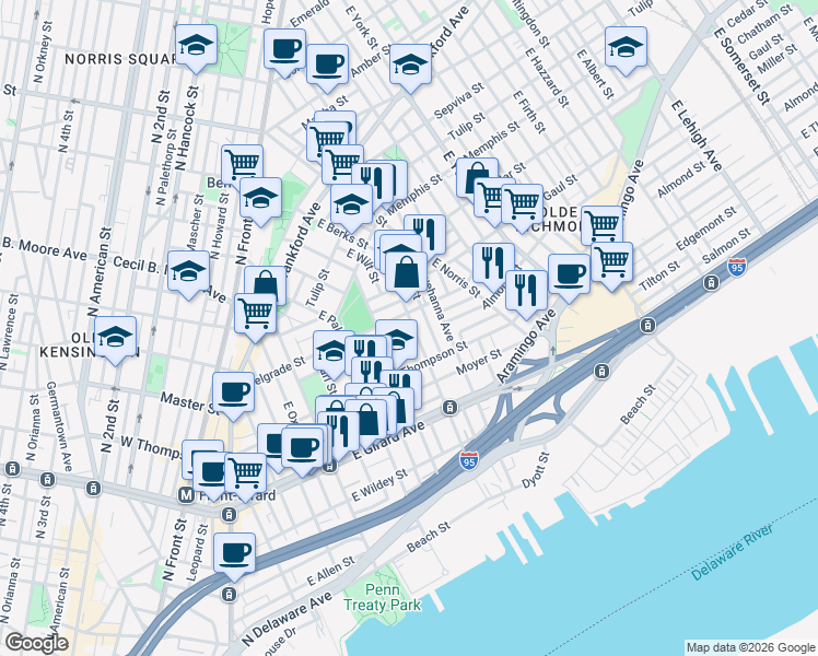 map of restaurants, bars, coffee shops, grocery stores, and more near 1324 East Berks Street in Philadelphia