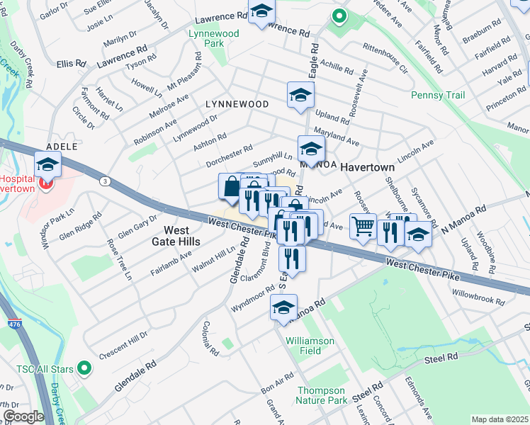 map of restaurants, bars, coffee shops, grocery stores, and more near 1305 West Chester Pike in Havertown