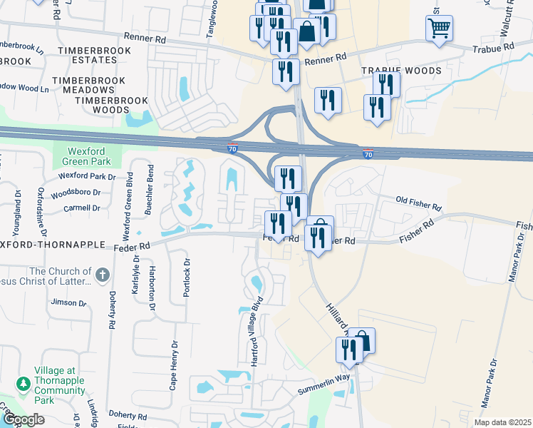 map of restaurants, bars, coffee shops, grocery stores, and more near 1121 Mirror Lake Place in Columbus