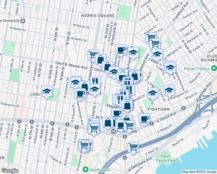 map of restaurants, bars, coffee shops, grocery stores, and more near 1528 North Mascher Street in Philadelphia