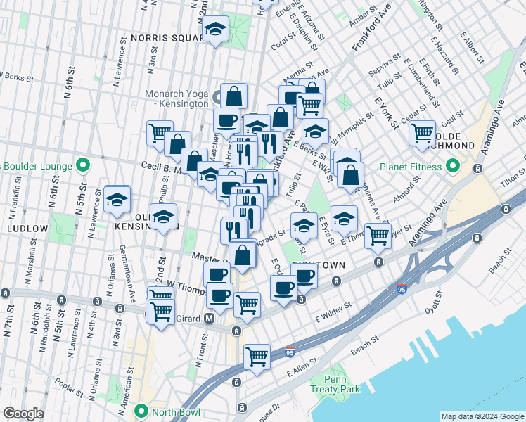 map of restaurants, bars, coffee shops, grocery stores, and more near 1452 East Columbia Avenue in Philadelphia