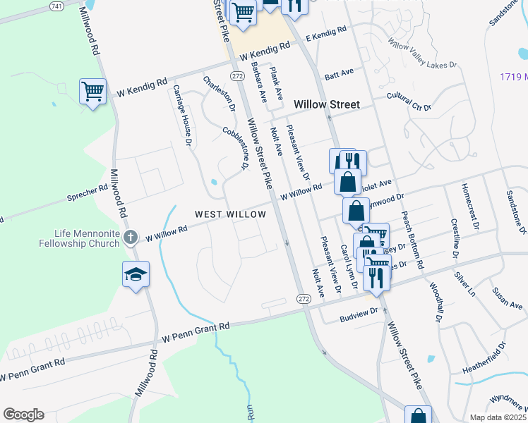 map of restaurants, bars, coffee shops, grocery stores, and more near 56 West Willow Road in Willow Street