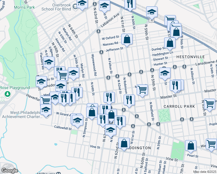 map of restaurants, bars, coffee shops, grocery stores, and more near 713 North 63rd Street in Philadelphia