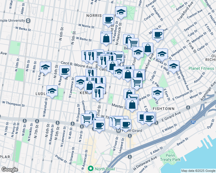 map of restaurants, bars, coffee shops, grocery stores, and more near 1524 North Hancock Street in Philadelphia