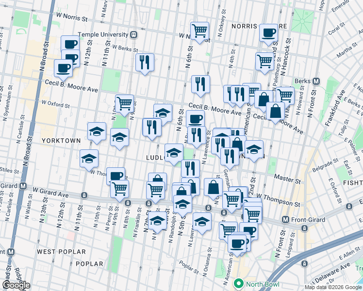 map of restaurants, bars, coffee shops, grocery stores, and more near 1602 North Randolph Street in Philadelphia