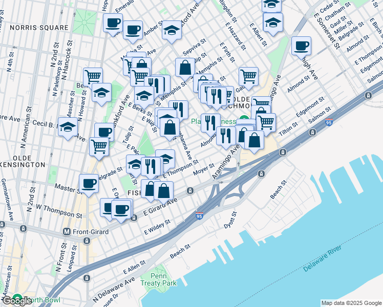 map of restaurants, bars, coffee shops, grocery stores, and more near 1327 East Susquehanna Avenue in Philadelphia