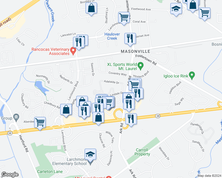 map of restaurants, bars, coffee shops, grocery stores, and more near 3409 Neils Court in Mount Laurel