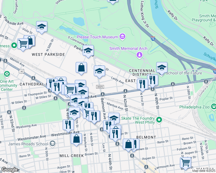 map of restaurants, bars, coffee shops, grocery stores, and more near 4237 West Stiles Street in Philadelphia