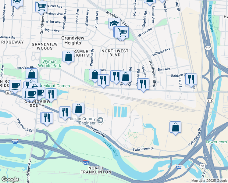 map of restaurants, bars, coffee shops, grocery stores, and more near 1180 Goodale Boulevard in Columbus