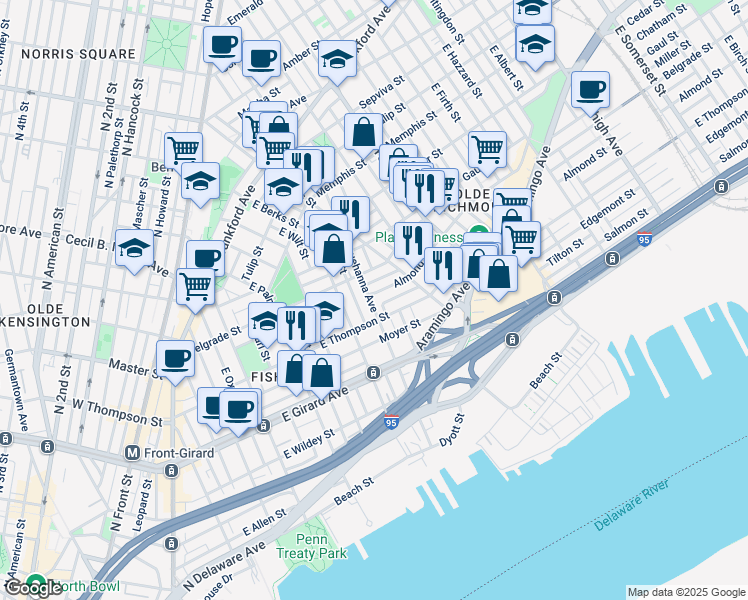 map of restaurants, bars, coffee shops, grocery stores, and more near 1327 East Susquehanna Avenue in Philadelphia