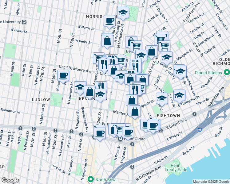 map of restaurants, bars, coffee shops, grocery stores, and more near 1528 North Mascher Street in Philadelphia