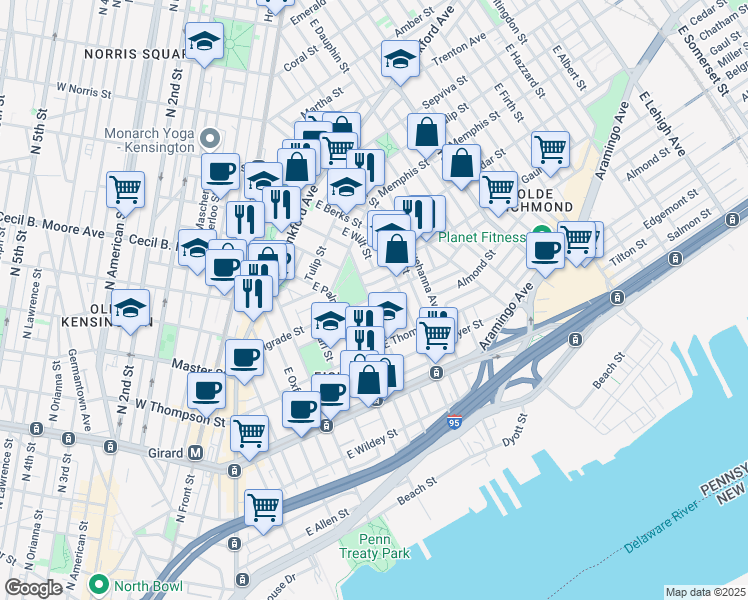 map of restaurants, bars, coffee shops, grocery stores, and more near 1365 East Montgomery Avenue in Philadelphia