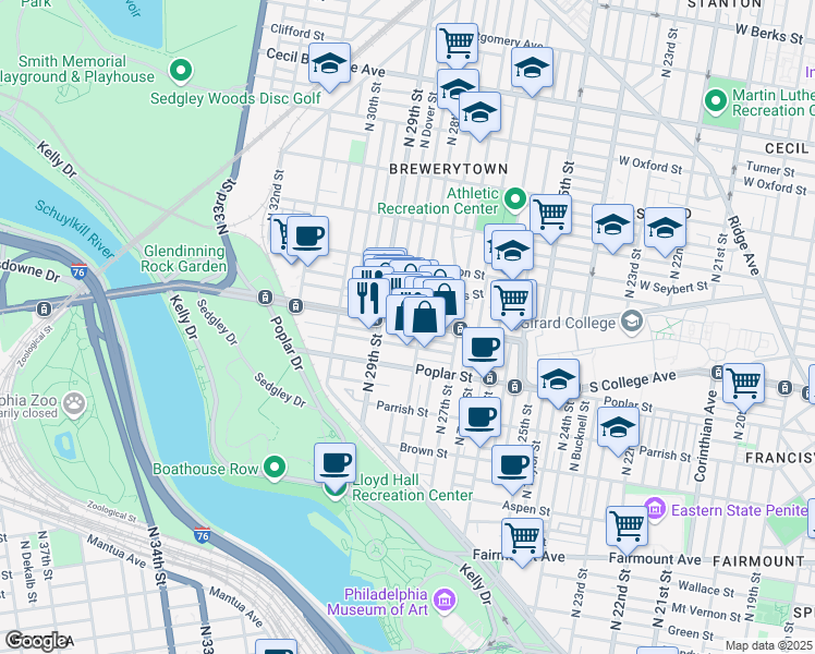 map of restaurants, bars, coffee shops, grocery stores, and more near 2812 West Girard Avenue in Philadelphia