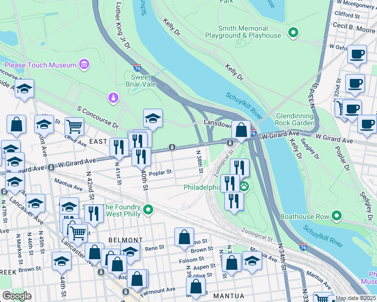 map of restaurants, bars, coffee shops, grocery stores, and more near 3824 West Girard Avenue in Philadelphia