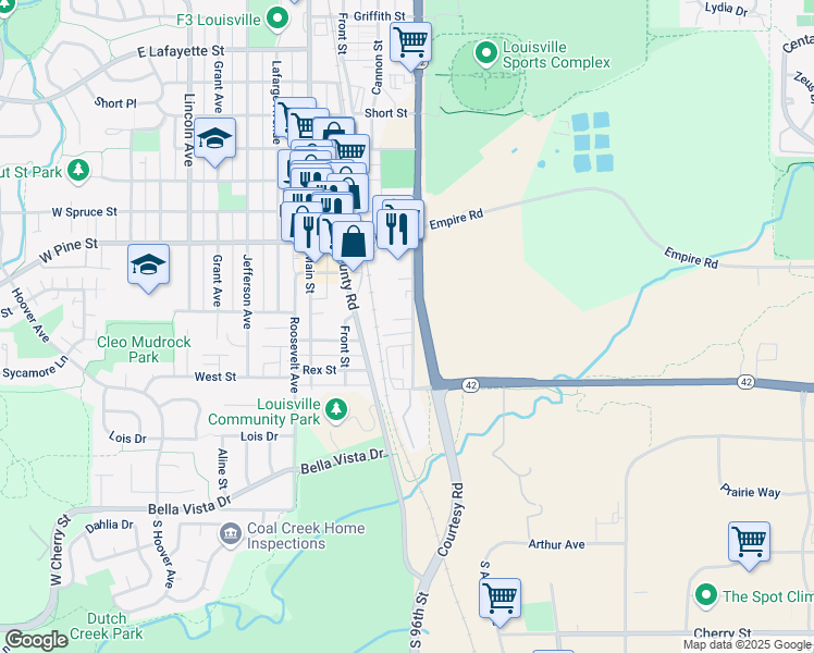 map of restaurants, bars, coffee shops, grocery stores, and more near 401 East Street in Louisville