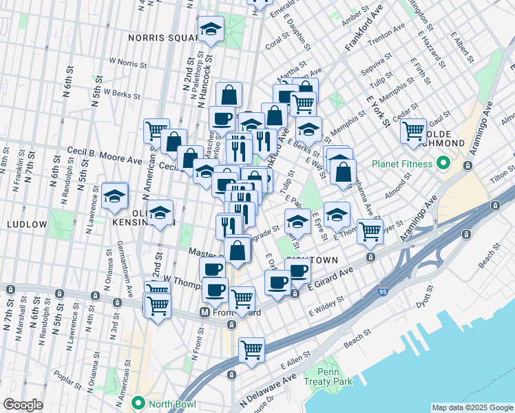 map of restaurants, bars, coffee shops, grocery stores, and more near 1454 East Columbia Avenue in Philadelphia