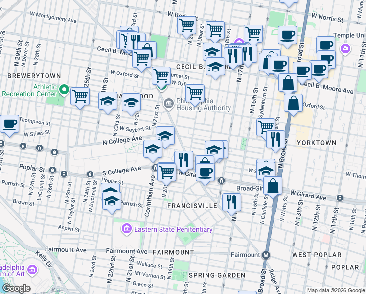 map of restaurants, bars, coffee shops, grocery stores, and more near 1930 Ridge Avenue in Philadelphia