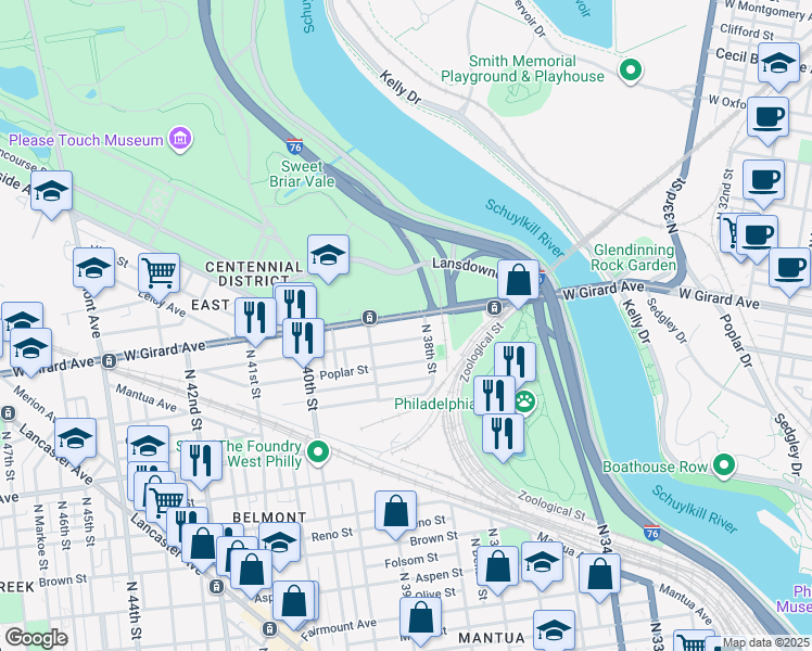 map of restaurants, bars, coffee shops, grocery stores, and more near 3801 West Girard Avenue in Philadelphia