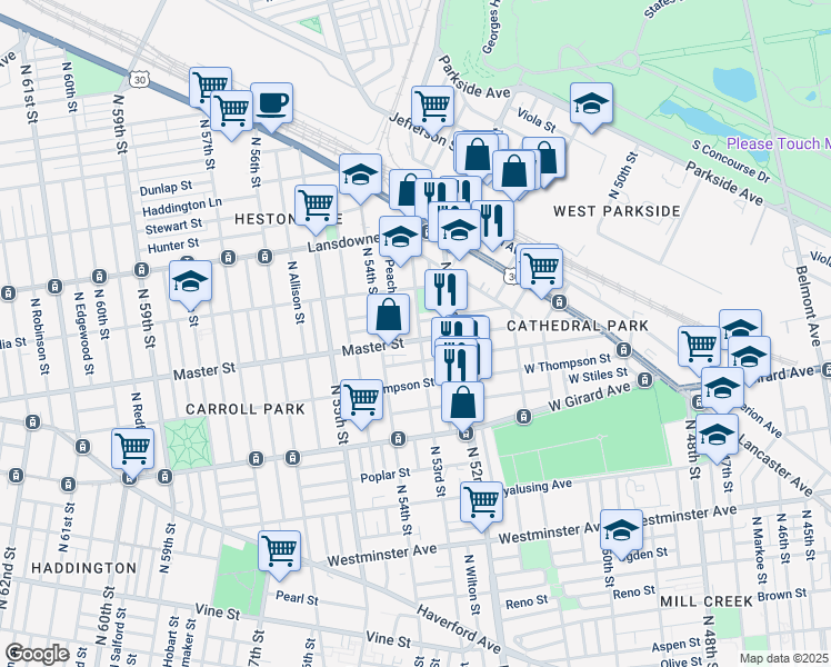 map of restaurants, bars, coffee shops, grocery stores, and more near 1436 North 53rd Street in Philadelphia