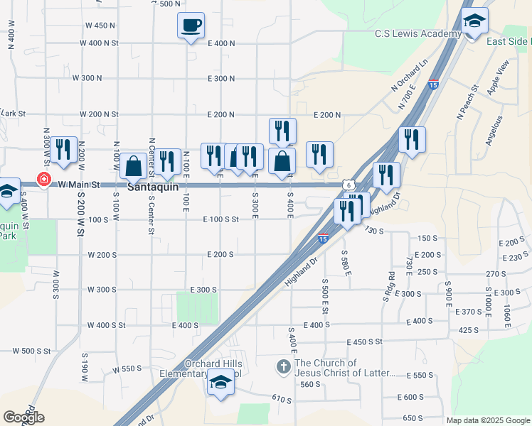 map of restaurants, bars, coffee shops, grocery stores, and more near 343 East 100 South Street in Santaquin