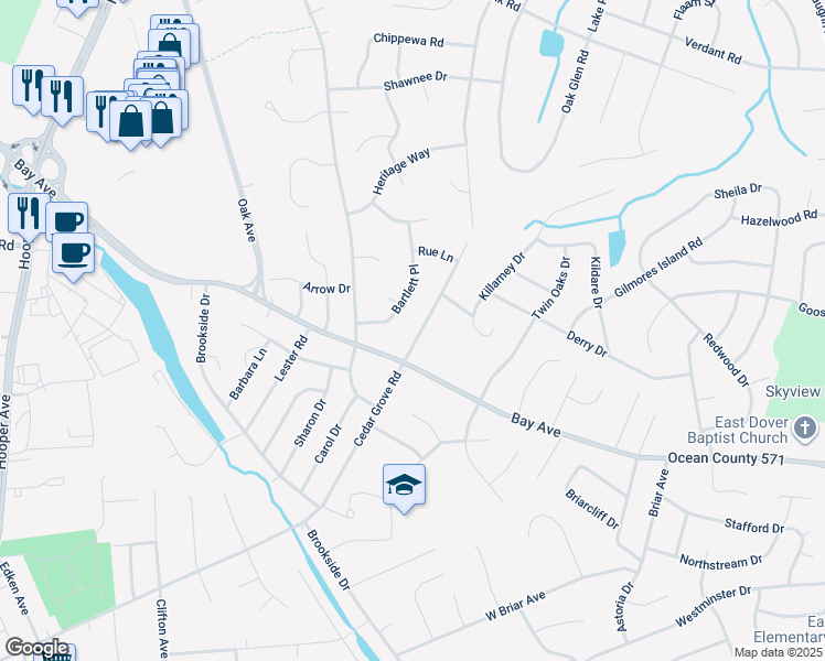 map of restaurants, bars, coffee shops, grocery stores, and more near 308 Cedar Grove Road in Toms River