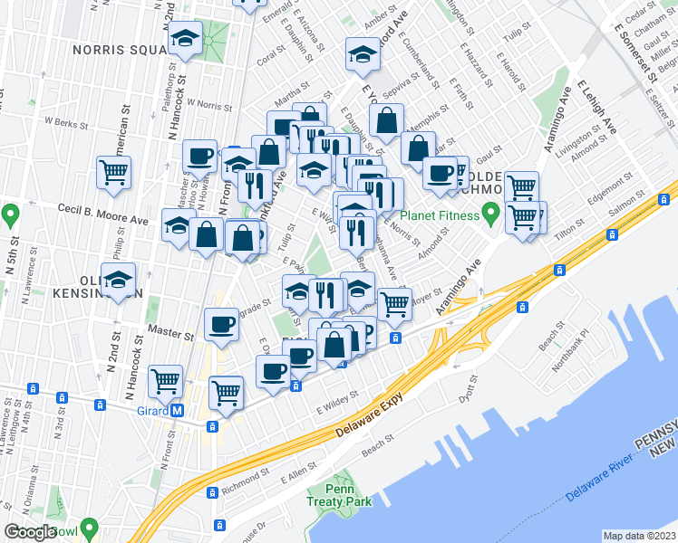 map of restaurants, bars, coffee shops, grocery stores, and more near 1365 East Montgomery Avenue in Philadelphia