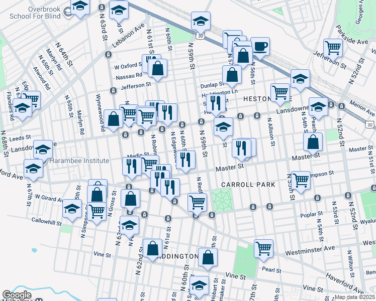 map of restaurants, bars, coffee shops, grocery stores, and more near 1469 North 60th Street in Philadelphia