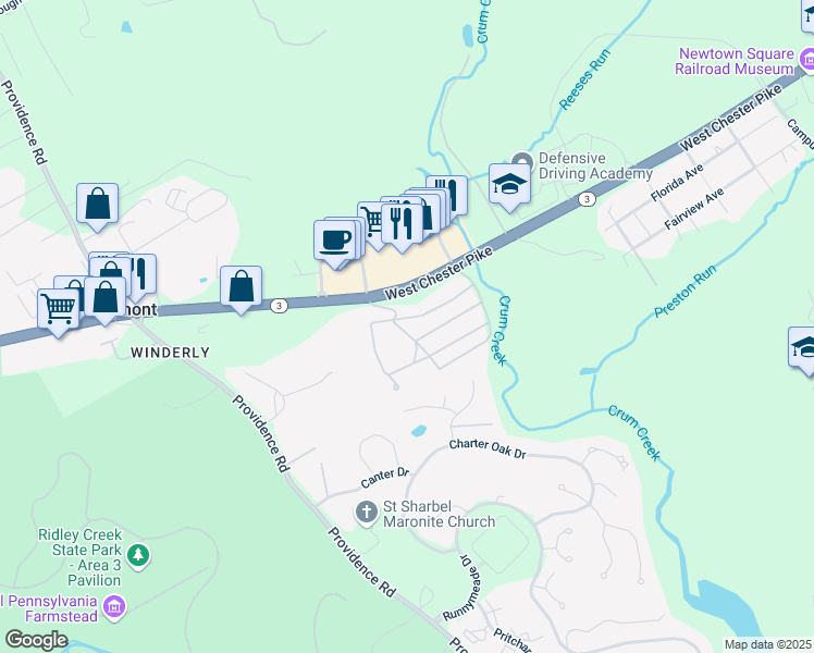 map of restaurants, bars, coffee shops, grocery stores, and more near 14 Chestnut Road in Newtown Square