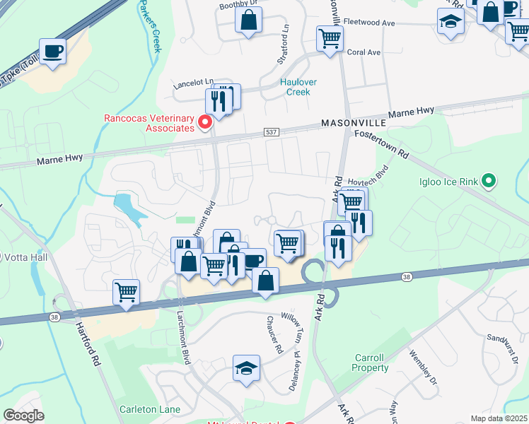 map of restaurants, bars, coffee shops, grocery stores, and more near 3907A Adelaide Drive in Mount Laurel Township