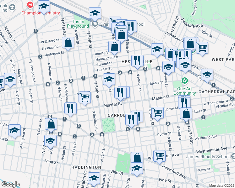 map of restaurants, bars, coffee shops, grocery stores, and more near 1447 North Alden Street in Philadelphia