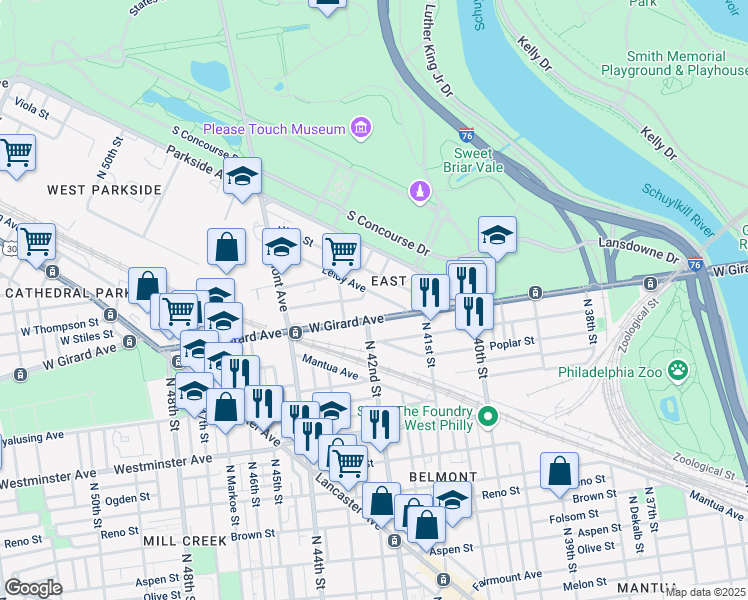 map of restaurants, bars, coffee shops, grocery stores, and more near 4138 Leidy Avenue in Philadelphia