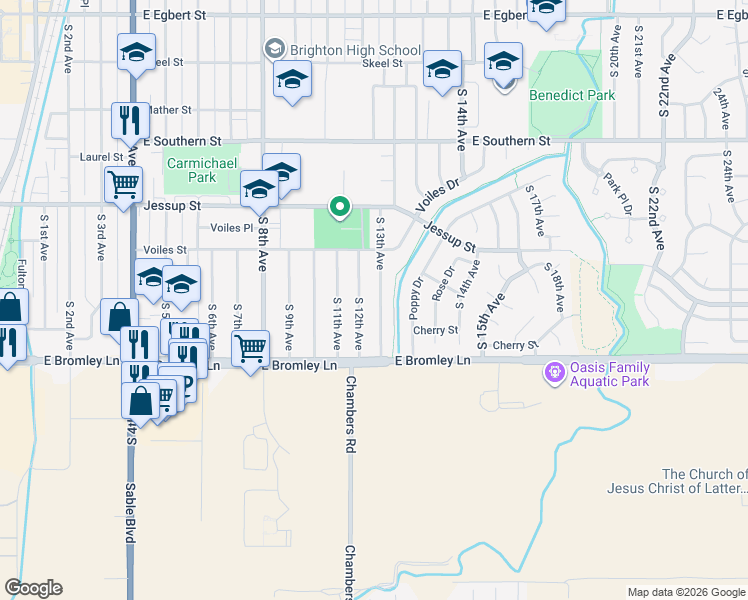 map of restaurants, bars, coffee shops, grocery stores, and more near 747 South 13th Avenue in Brighton