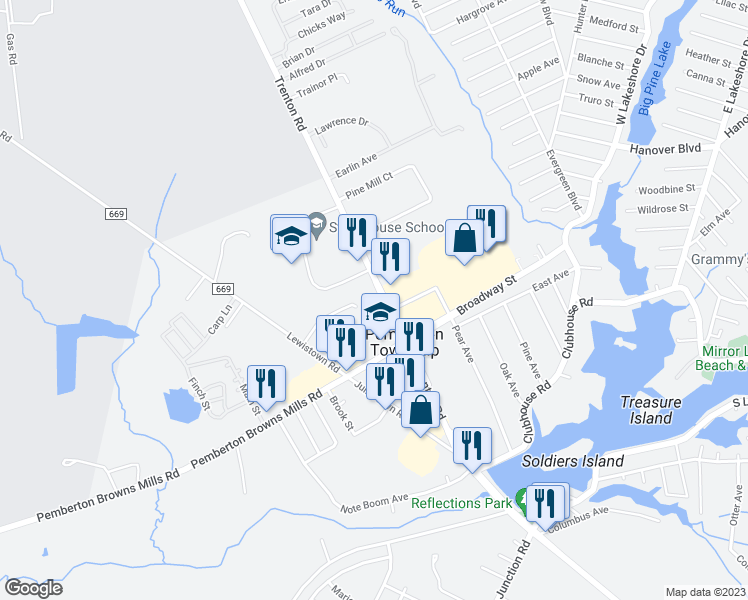 map of restaurants, bars, coffee shops, grocery stores, and more near 120 Trenton Road in Browns Mills