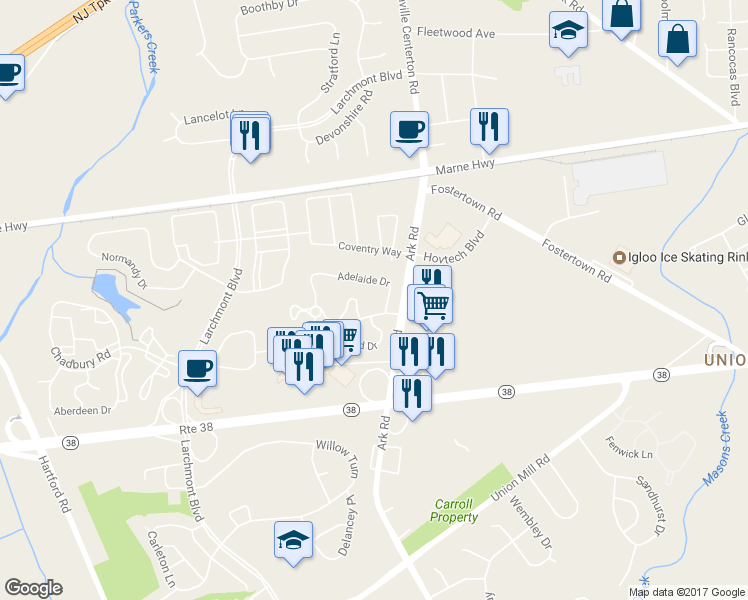 map of restaurants, bars, coffee shops, grocery stores, and more near 5714B Adelaide Drive in Mount Laurel