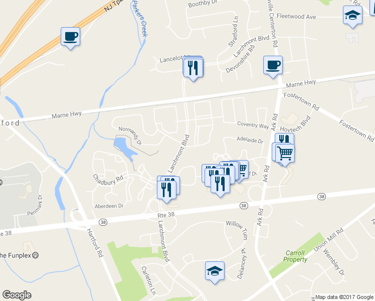 map of restaurants, bars, coffee shops, grocery stores, and more near 104B Saxony Drive in Mount Laurel Township