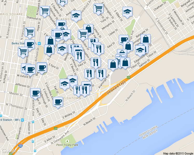 map of restaurants, bars, coffee shops, grocery stores, and more near 2556 East Norris Street in Philadelphia