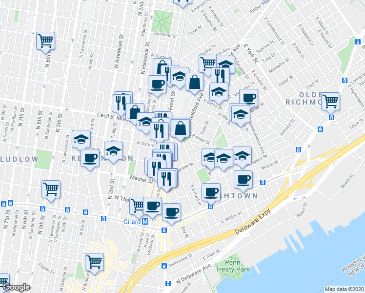map of restaurants, bars, coffee shops, grocery stores, and more near 1712 Frankford Avenue in Philadelphia