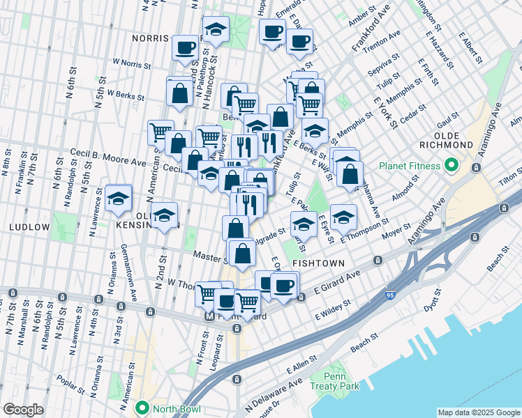 map of restaurants, bars, coffee shops, grocery stores, and more near 1712 Frankford Avenue in Philadelphia