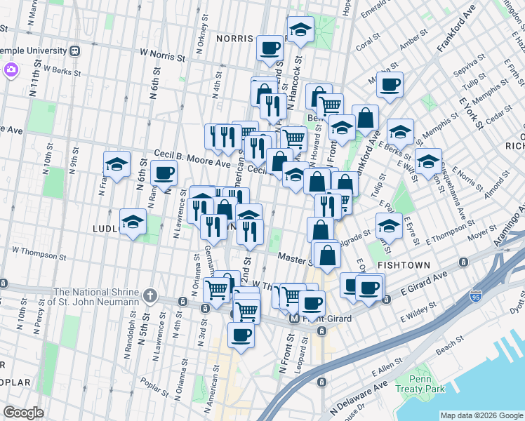 map of restaurants, bars, coffee shops, grocery stores, and more near 1617 North 2nd Street in Philadelphia