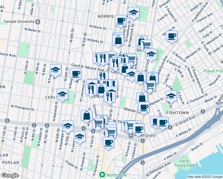 map of restaurants, bars, coffee shops, grocery stores, and more near 1525 North Philip Street in Philadelphia