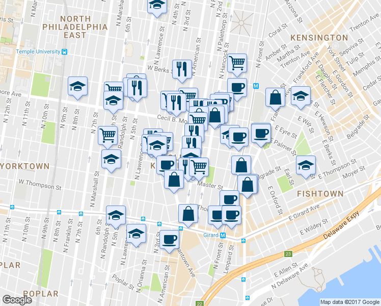 map of restaurants, bars, coffee shops, grocery stores, and more near 1525 North Philip Street in Philadelphia