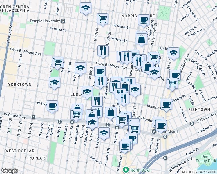 map of restaurants, bars, coffee shops, grocery stores, and more near 1554 North Lawrence Street in Philadelphia