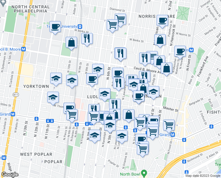 map of restaurants, bars, coffee shops, grocery stores, and more near 1602 North Randolph Street in Philadelphia