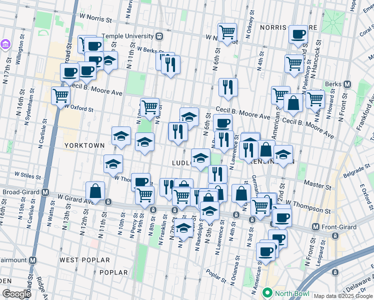 map of restaurants, bars, coffee shops, grocery stores, and more near 1517 North 7th Street in Philadelphia