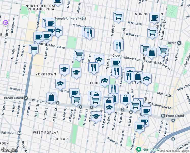 map of restaurants, bars, coffee shops, grocery stores, and more near 1517 North 7th Street in Philadelphia