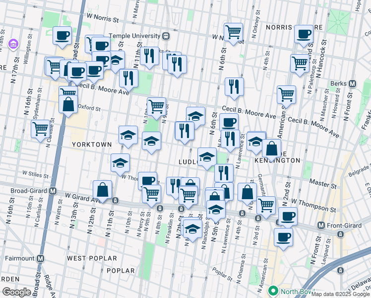 map of restaurants, bars, coffee shops, grocery stores, and more near 1530 North Perth Street in Philadelphia