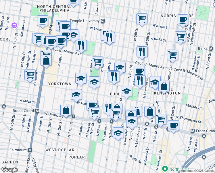 map of restaurants, bars, coffee shops, grocery stores, and more near 1530 North Perth Street in Philadelphia