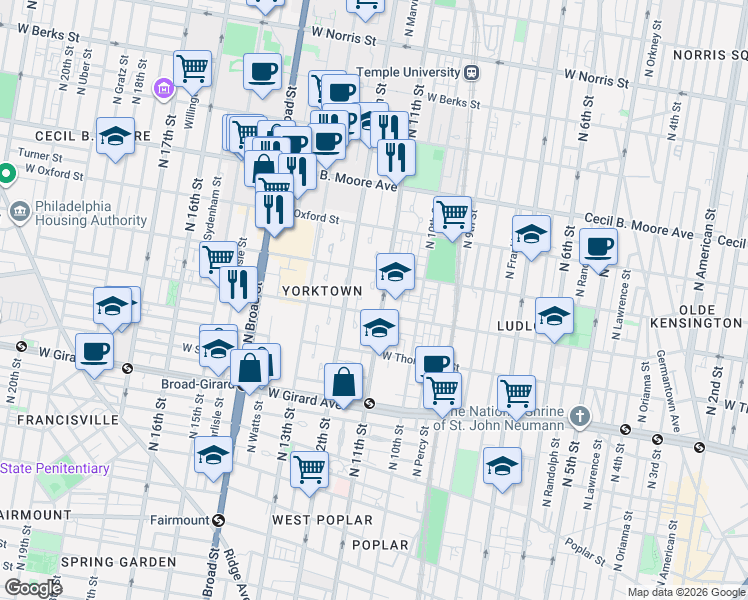 map of restaurants, bars, coffee shops, grocery stores, and more near 1437 North 12th Street in Philadelphia