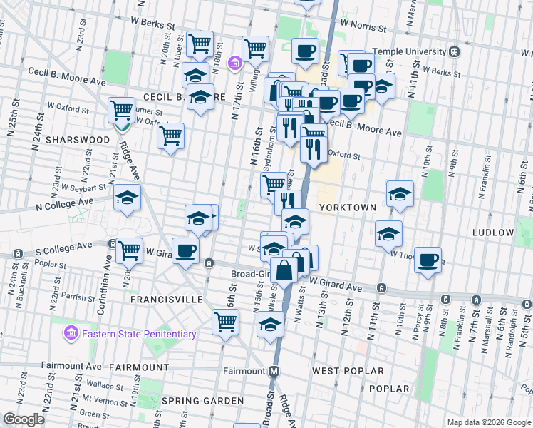 map of restaurants, bars, coffee shops, grocery stores, and more near in Philadelphia