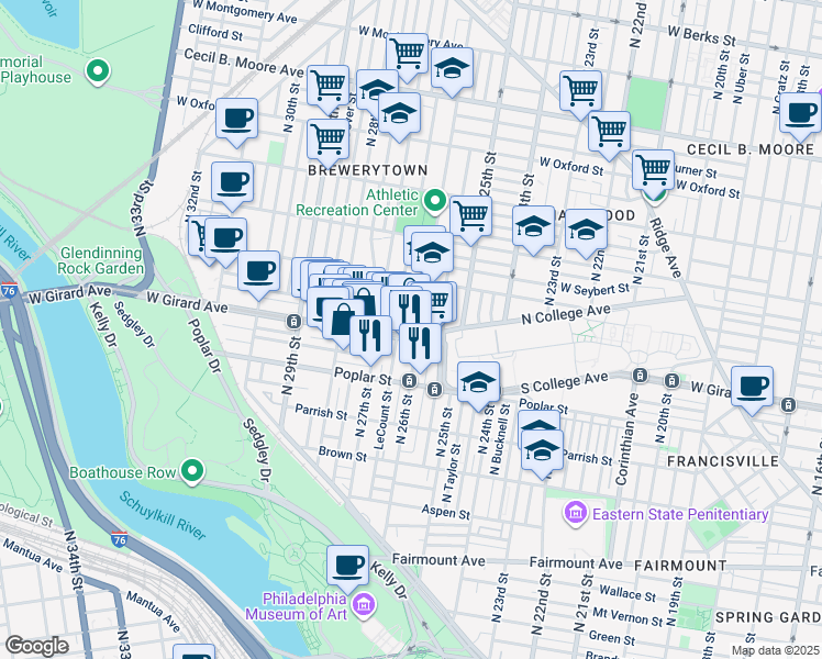 map of restaurants, bars, coffee shops, grocery stores, and more near 1239 North 26th Street in Philadelphia